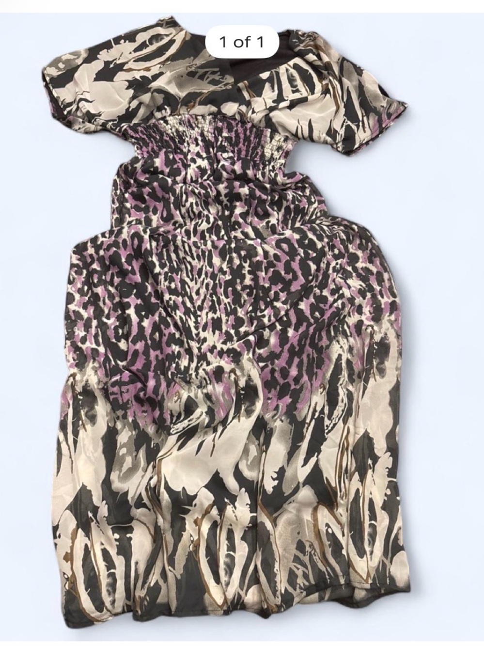Smocked Waist Floral & Animal Print Midi Dress in Beige, Black & Mauve